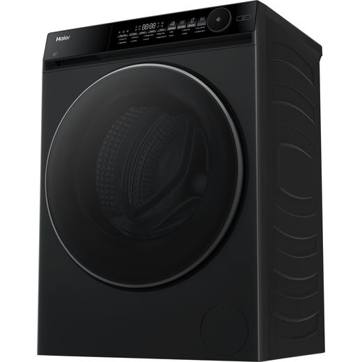 Haier HW100B14367BU1UK WiFi Connected Washing Machine with 1400 rpm - Black Steel - left perspective shot