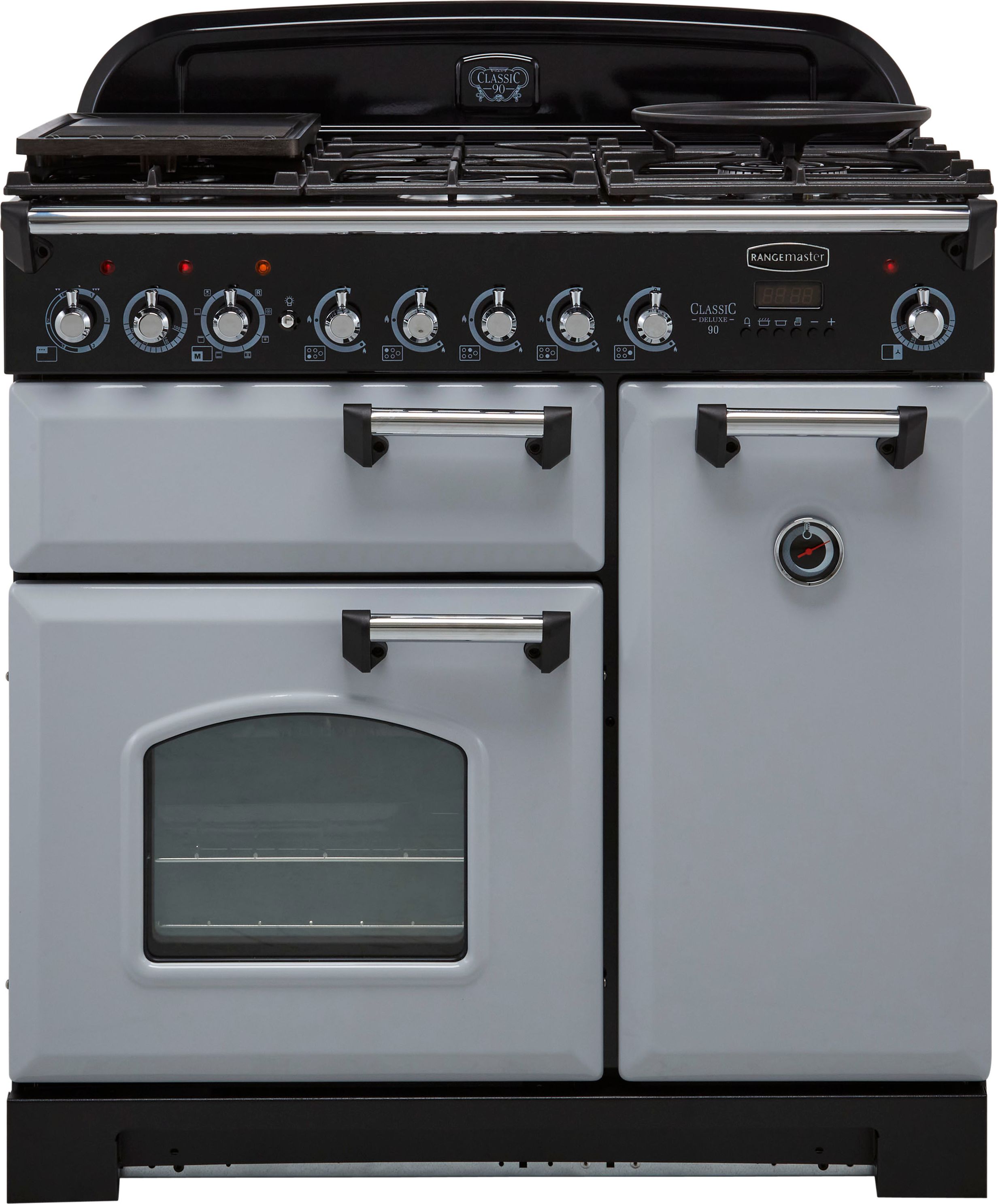 Rangemaster Classic Deluxe CDL90DFFRP/C 90cm Dual Fuel Range Cooker - Royal Pearl / Chrome - A/A Rated, Grey