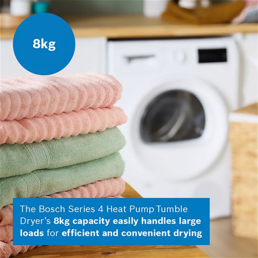 Bosch Series 4 WTH85225GB 8Kg Heat Pump Tumble Dryer - White - Annotation - Capacity