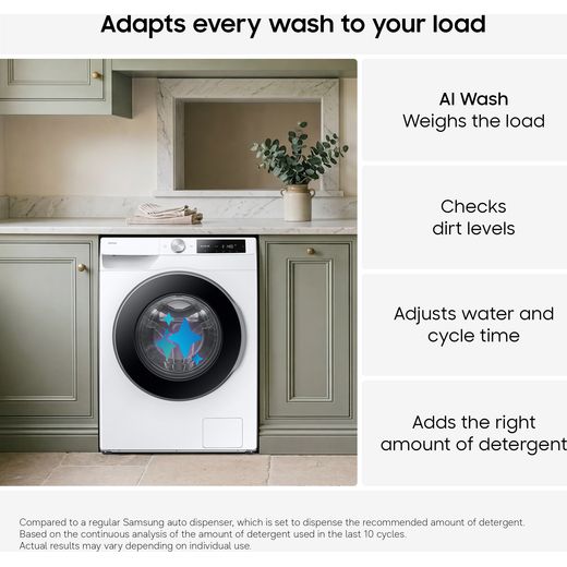 Samsung Series 9 AI Home WF90H11C4WT1 11kg WiFi Connected Auto Dosing Washing Machine with 1400 rpm - Neat White - Annotation - Adapts every wash to your load
