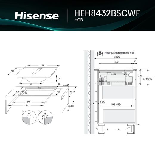 Hisense Hi6 HEH8432BSCWF Venting Induction Hob - Black - Annotation - Dimension shot 