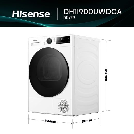Hisense 1i KitchenFit Series DH1I900UWDCA 9Kg Heat Pump Tumble Dryer - White - annotation - dimension shot 