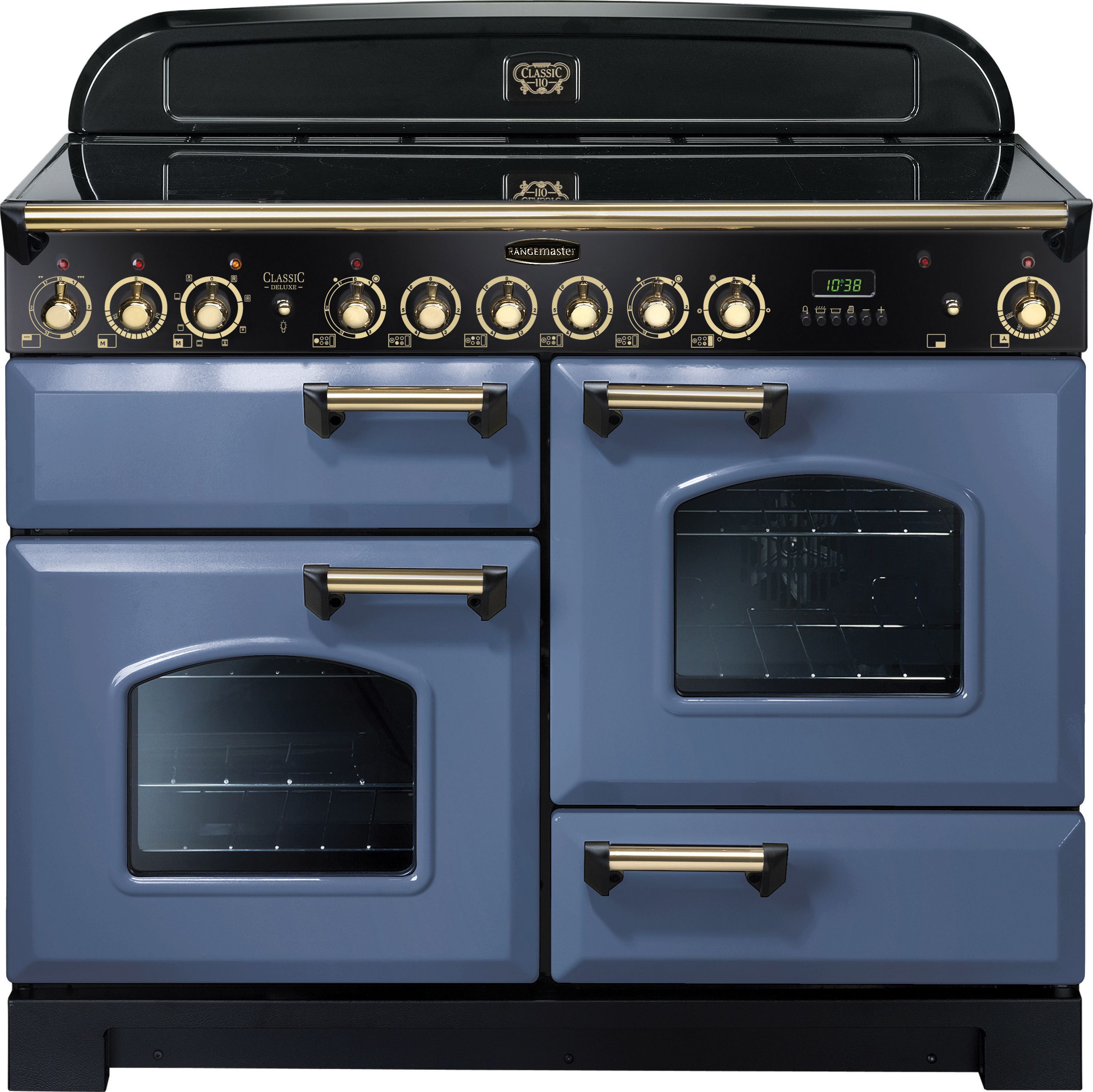 Rangemaster Classic Deluxe CDL110ECSB/B 110cm Electric Range Cooker with Ceramic Hob - Stone Blue / Brass - A/A Rated, Blue