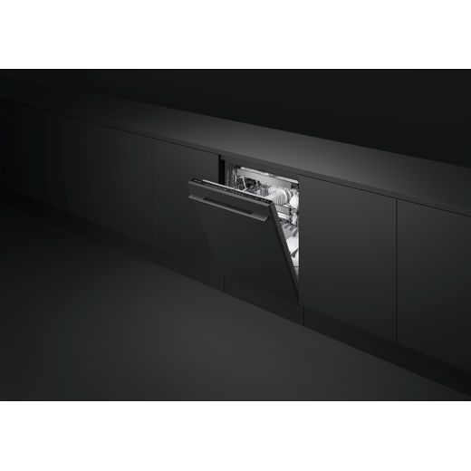 Fisher & Paykel Series 7 Fully Integrated Standard Dishwasher - Black with Fixed Door Hinge Kit - Door open in kitchen