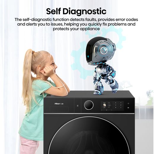 Hisense KitchenFit 5i Series WD5I1245BBRH Wifi Connected / 8Kg Washer Dryer with 1400 rpm - Black - Annotation - self diagnoses shot
