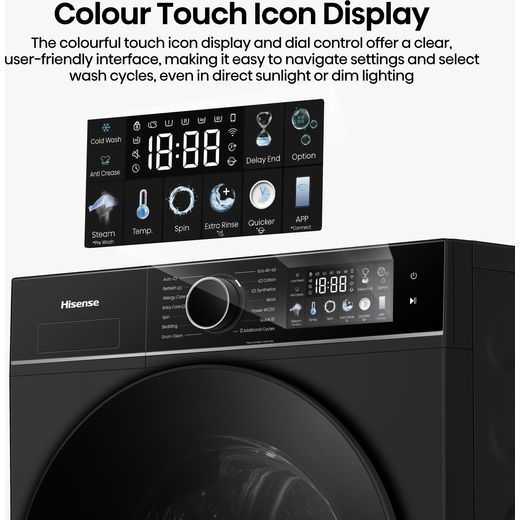 Hisense KitchenFit 3i Series WF3I9043BBFS2 9kg WiFi Connected Washing Machine with 1400 rpm - Black - Annotation -  touch display shot