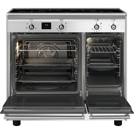 Smeg Concert 90cm Electric Range Cooker with Induction Hob - Stainless Steel - Front with door open shot