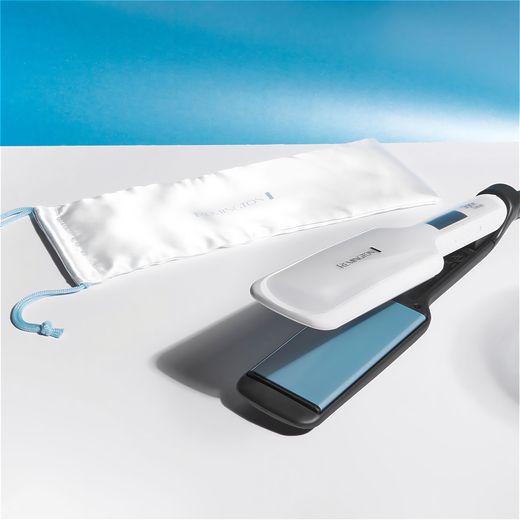 Remington Shine Therapy Wide Plate S8550 Hair Straighteners - White - Straighteners on table shot