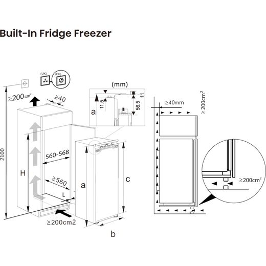 Hisense Integrated Frost Free Upright Freezer with Fixed Door Fixing Kit - Annotation - Dimension shot
