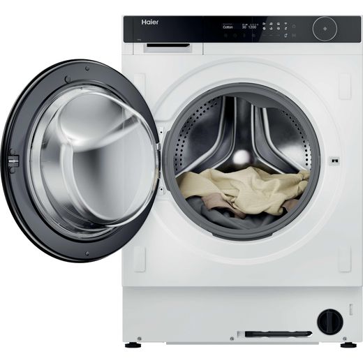 Haier Series 8 HWB100B14858U1UK Integrated 10kg Washing Machine with 1400 rpm - White - Front with door open shot 