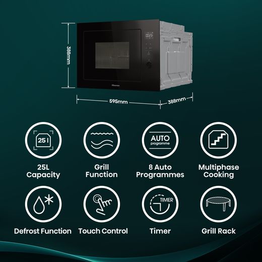 Hisense BIM325G52BGUK 25 Litre 39cm High, Built In Small - Black - Annotation - Features