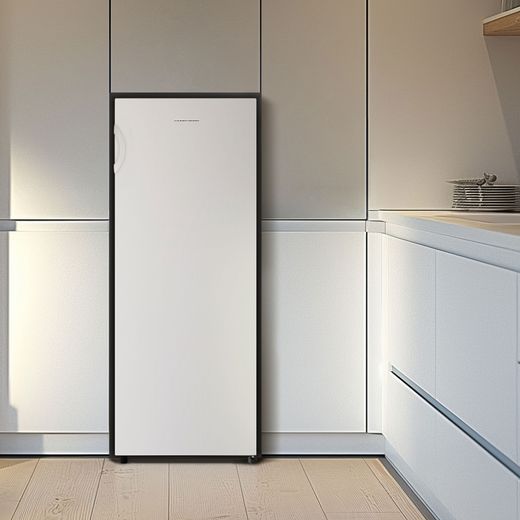 Fridgemaster MTZ55153E 143cm Small Upright Freezer - White - Freezer in kitchen shot