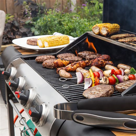 George Foreman 4 Burner Gas Barbeque - Black / Wood Food on bbq cooking shot