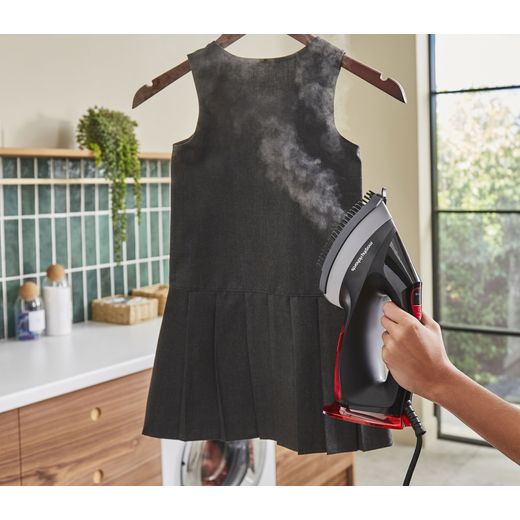 Morphy Richards 361001 Handheld Garment Steamer - Cosmic Red - Person steaming top shot