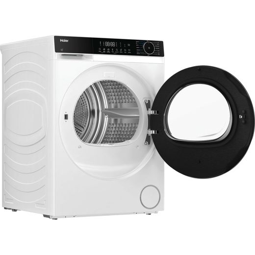 Haier X Series 5 HD90-D357U1-UK Wifi Connected 9Kg Heat Pump Tumble Dryer - White - Right perpsective with door open shot