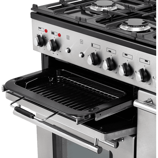 Rangemaster Toledo + 110cm Dual Fuel Range Cooker - Stainless Steel / Chrome - Grill pan closeup
