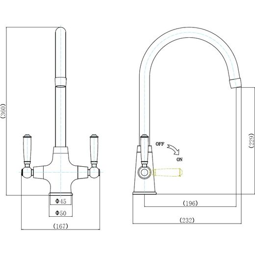Rangemaster AquaClassic Dual Lever Built In Kitchen Tap - Antique Brass - annotation - dimension shot 
