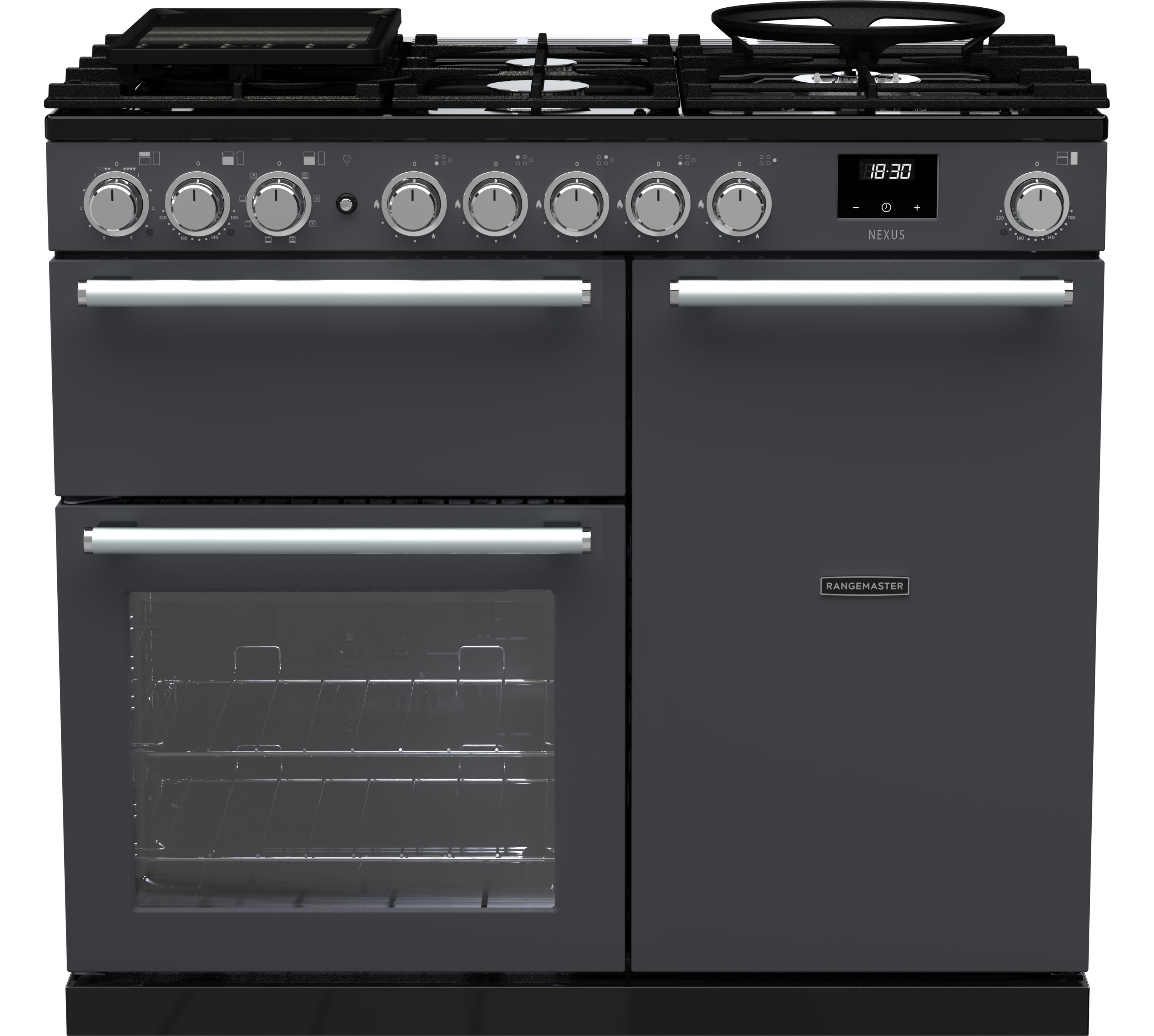 Rangemaster Nexus NEX100DFPSLT/CM1 100cm wide Dual Fuel Range Cooker with Gas Hob - Slate - A Rated, Graphite