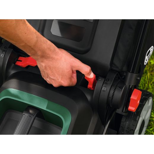Bosch Rotak 18V2-43 Lawn Mower, Including Battery - person changing grass height shot