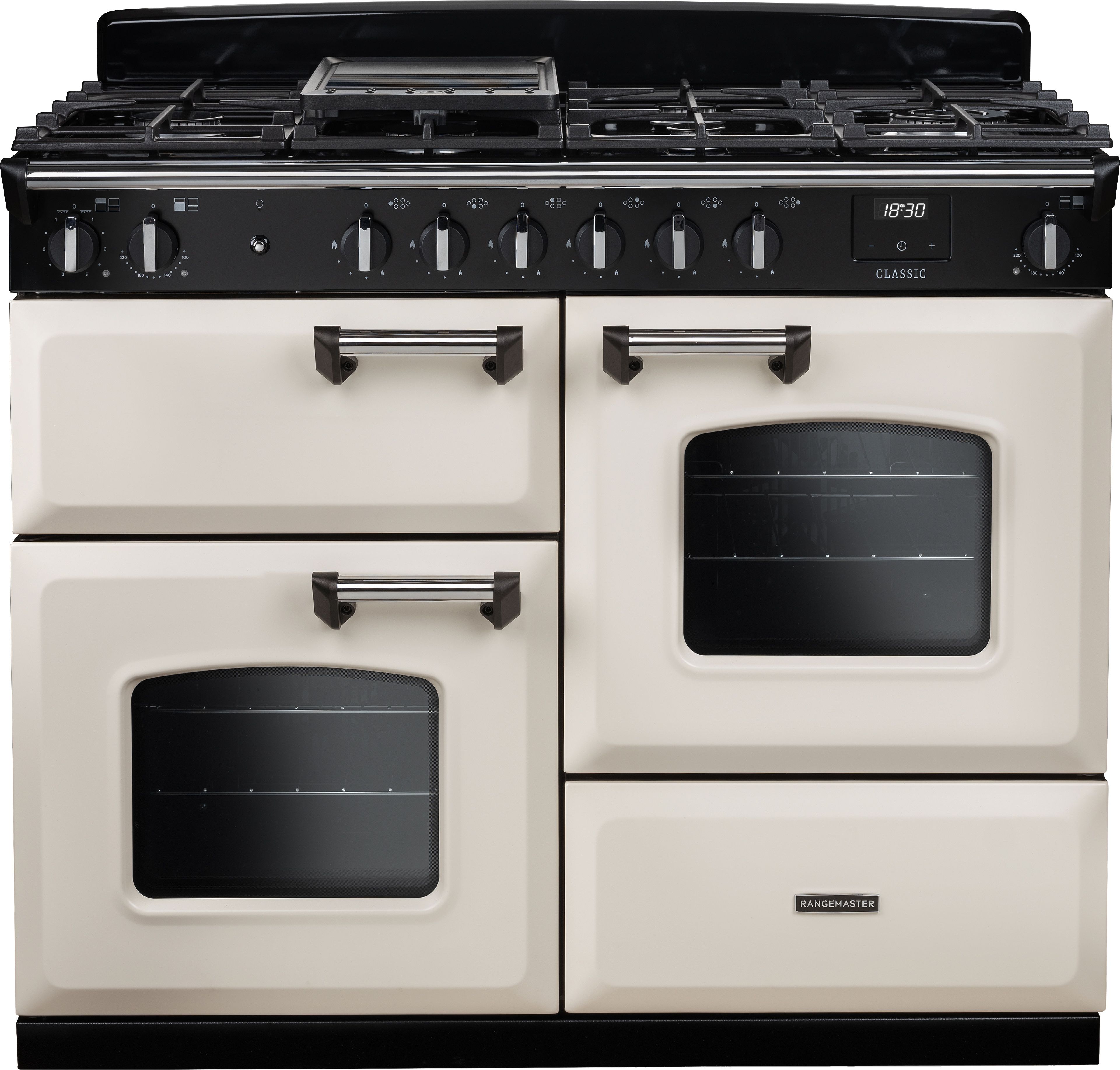Image of Rangemaster Classic OC CLO110DFPPCR/CM1 110cm wide Dual Fuel Range Cooker with Gas Hob - Cream / Chrome - A Rated, Cream