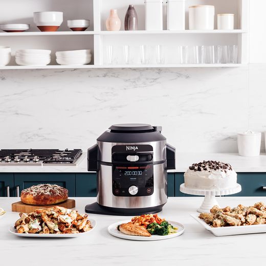 Ninja Foodi Max 15-in-1 SmartLid 7.5 Litre Multi Cooker - Stainless Steel / Black - Modern kitchen with Multi Cooker on kitchen island surrounded by different dishes