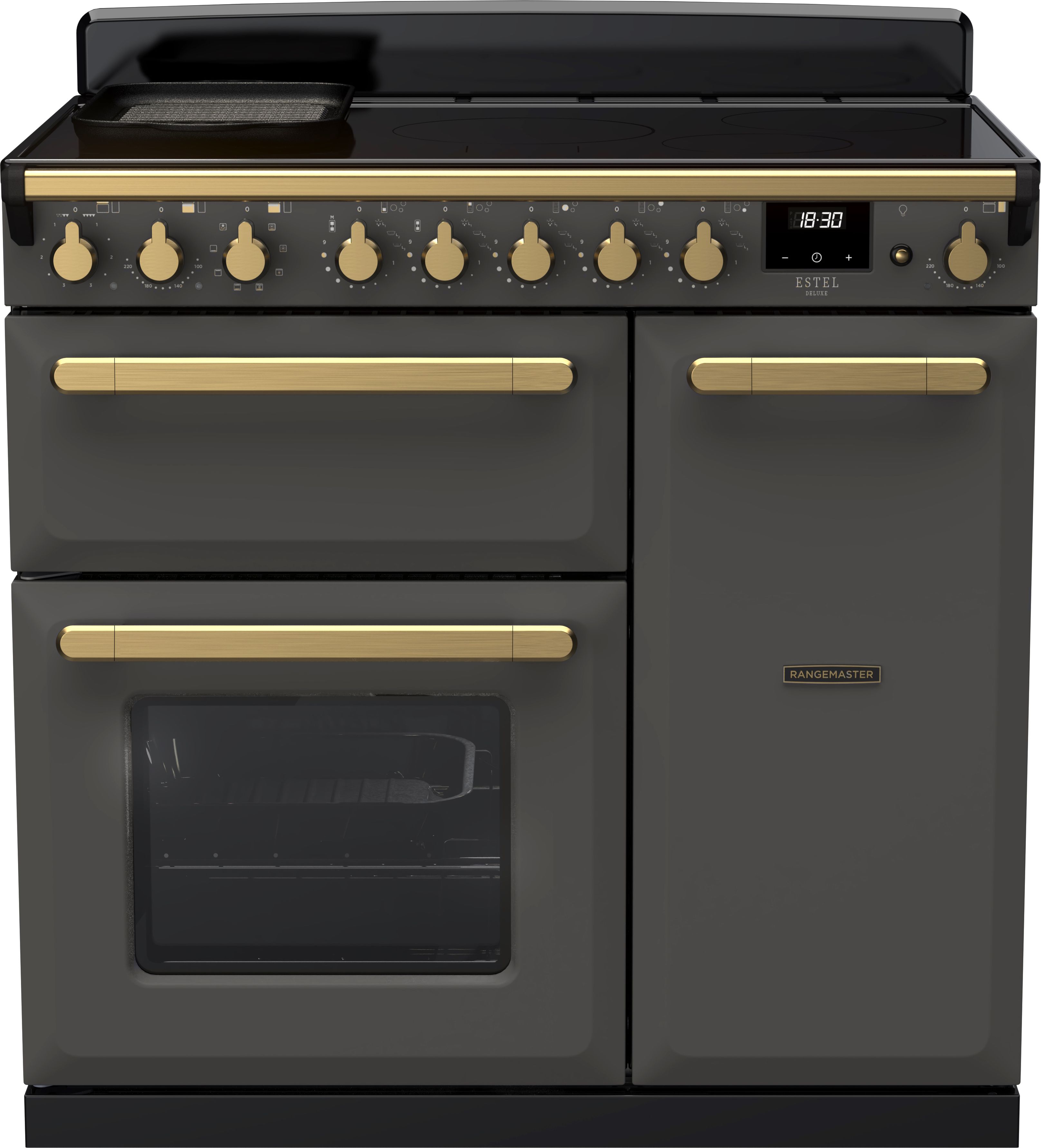 Image of Rangemaster Estel Deluxe ESDL90EIPSLT/AB1 90cm wide Electric Range Cooker with Induction Hob - Slate / Antique Brass - A/A Rated, Grey
