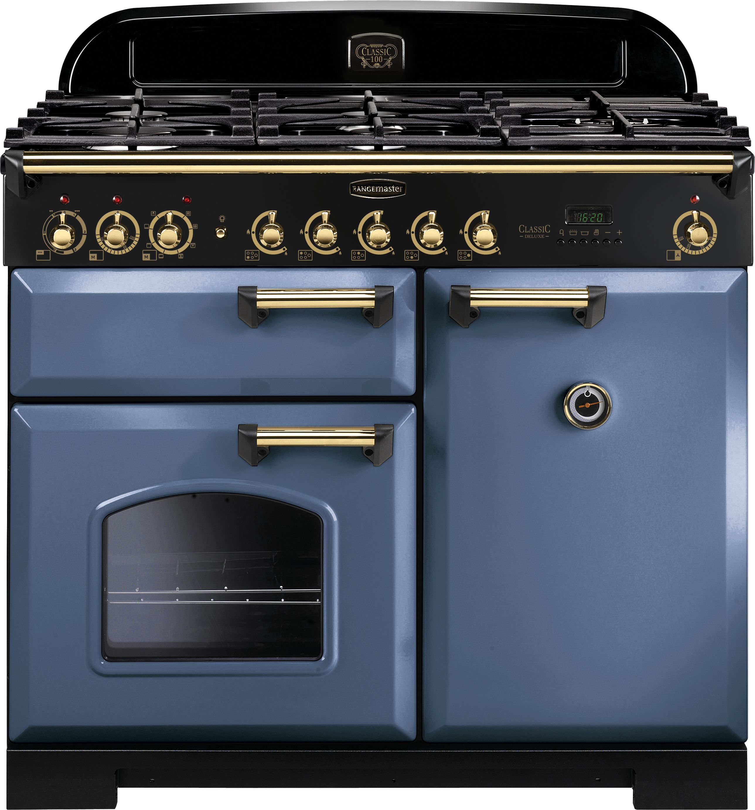 Rangemaster Classic Deluxe CDL100DFFSB/B 100cm Dual Fuel Range Cooker - Stone Blue / Brass - A/A Rated, Blue