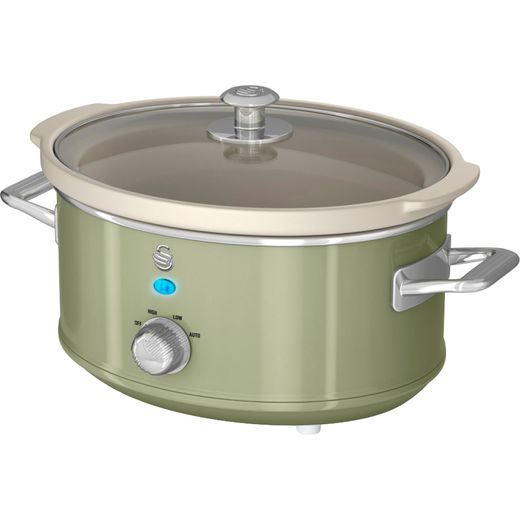 Swan Retro SF17021CNEU Langzame kookpan, 3,5 l, afneembare container, antiaanbaklaag, vrij van PFOA en PTFE, 3 temperatuurniveaus, glazen deksel, slowcooker, vintage design, crème, 200 W