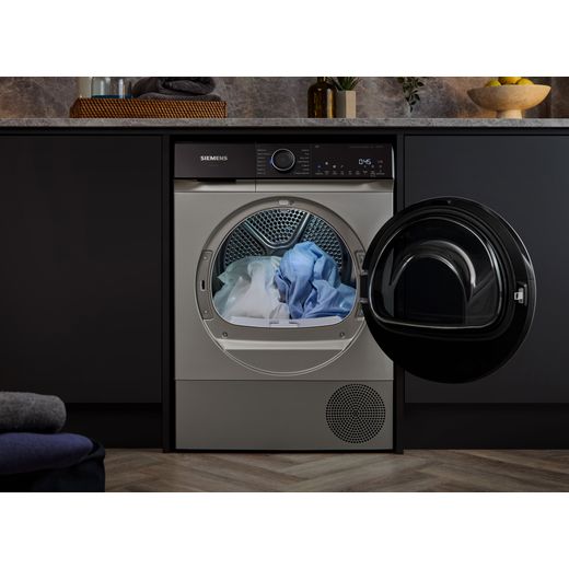Siemens IQ-500 WQ46H2DXGB 9Kg Heat Pump Tumble Dryer - Silver  - tumble dryer with door open in kitchen shot