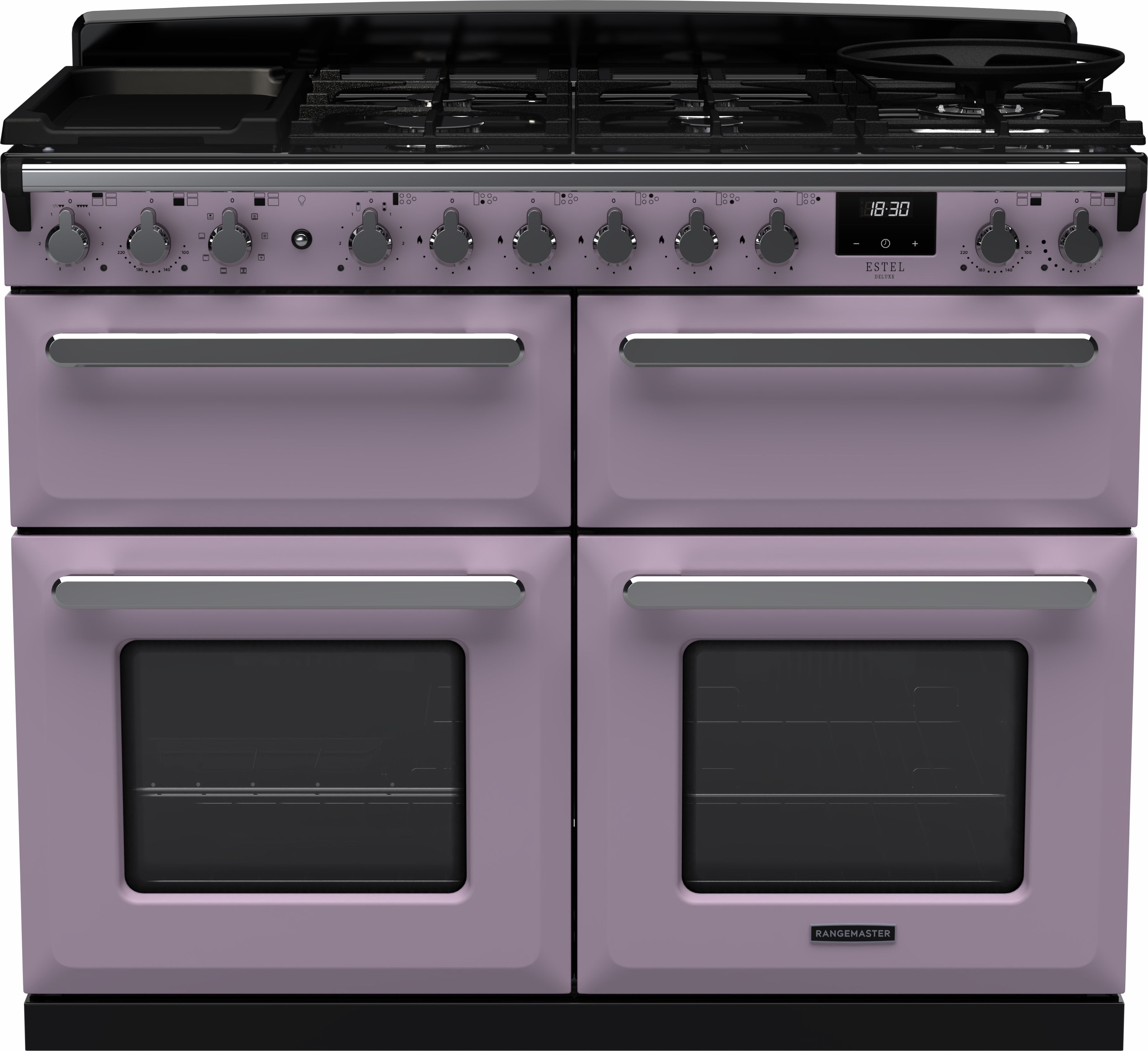 Image of Rangemaster Estel Deluxe ESDLB110DFPHTH/CM1 110cm wide Dual Fuel Range Cooker with Gas Hob - Heather / Chrome - A/A Rated, Purple