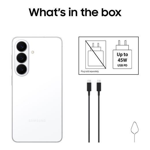 Samsung Galaxy S26 512GB Smartphone in White - Annotation - Whats in the box shot