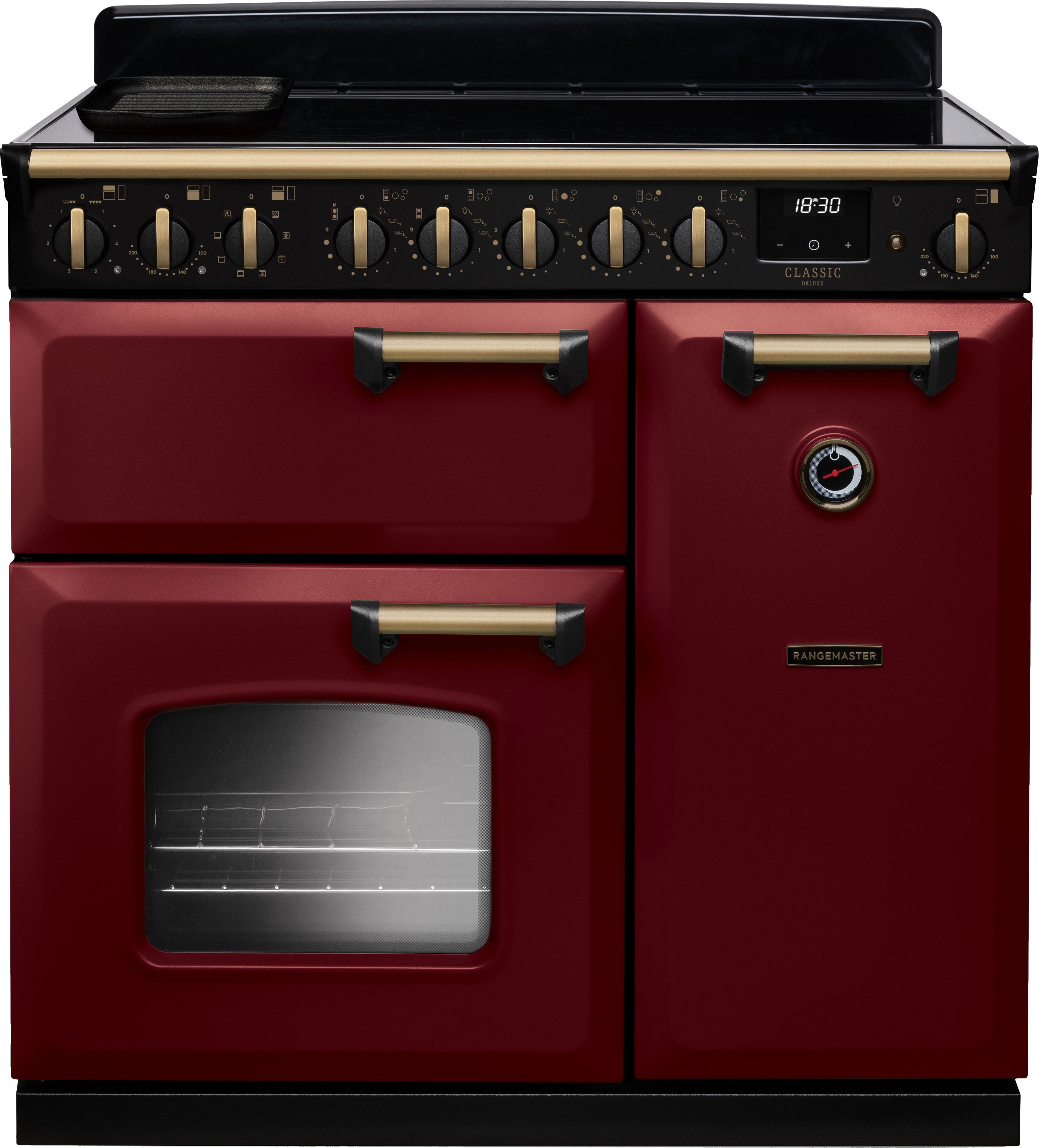Image of Rangemaster Classic Deluxe CLDL90EIPBOR/AB1 90cm wide Electric Range Cooker with Induction Hob - Bordeaux / Antique Brass - A/A Rated, Red