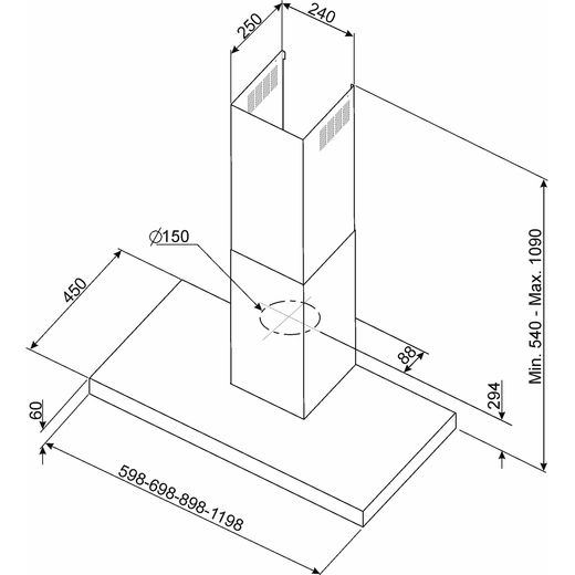Smeg Cucina KATE600EX 60cm Chimney Cooker Hood - Stainless Steel - Annotation - dimension shot 