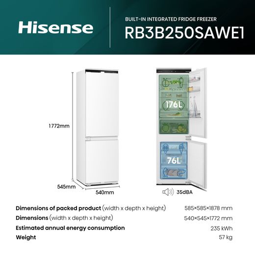 Hisense RB3B250SAWE1 177cm 70/30 Integrated Frost Free Fridge Freezer with Sliding Door Fixing Kit - White - Annotation - Dimension shot