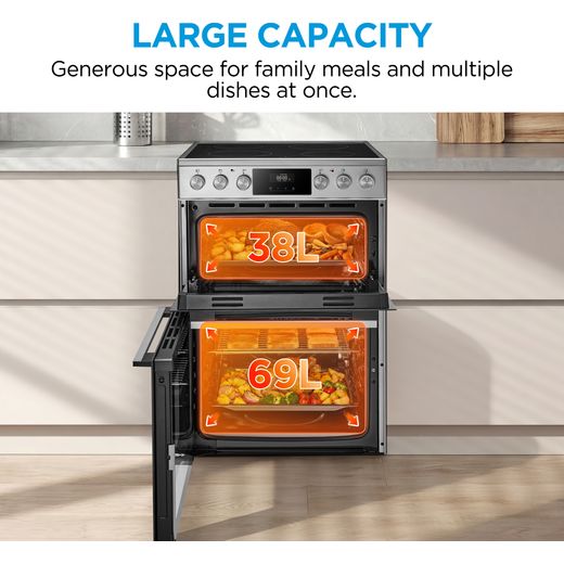 Midea MFO24EME4R118-SS 60cm Wide Double Oven Electric Cooker with Ceramic Hob - Stainless Steel  - Annotation - large capacity shot