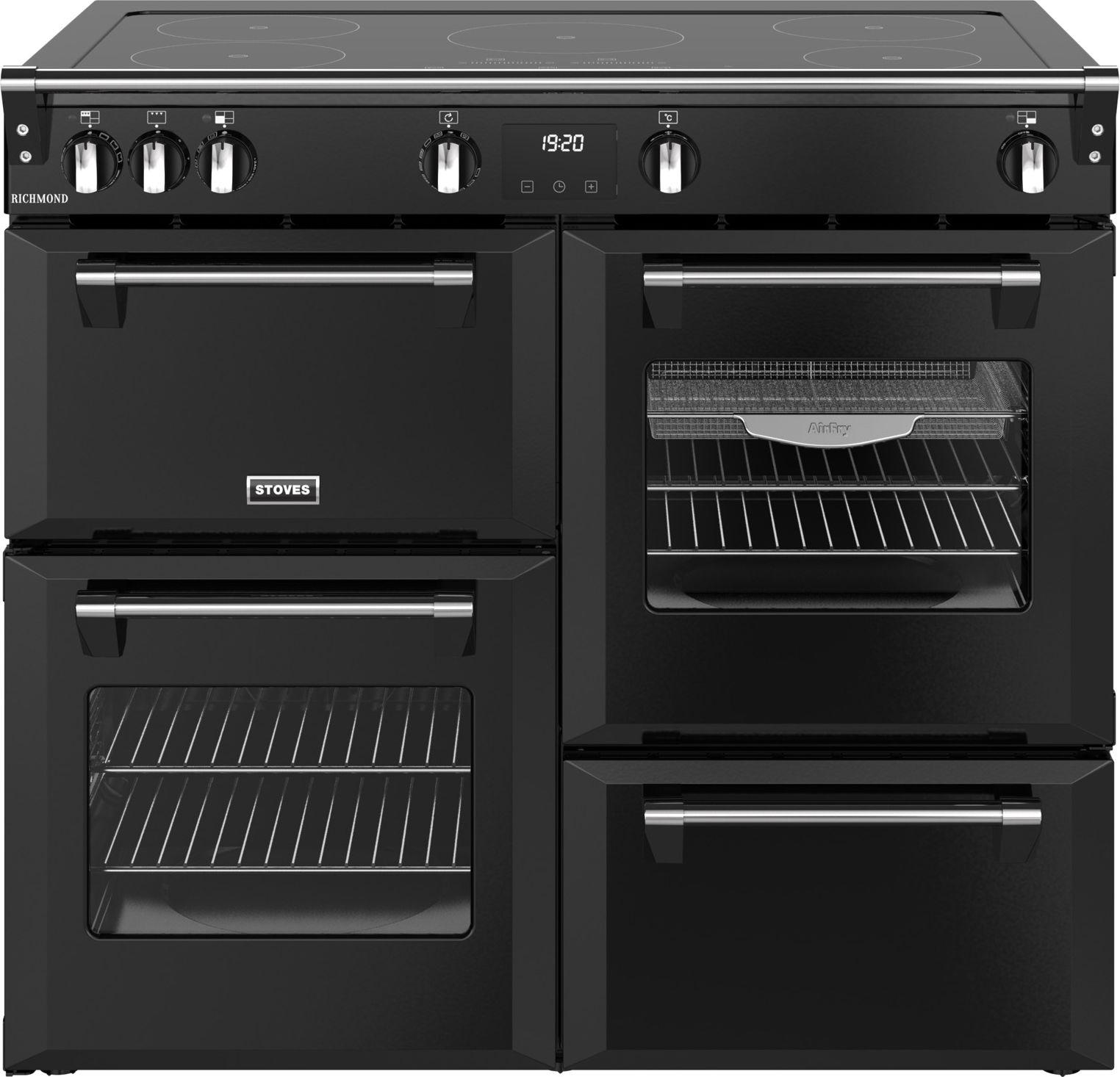Stoves Black Electric Induction Range Cooker - 100cm - 5 Zone Hob - Quad Oven - Maxi Clock