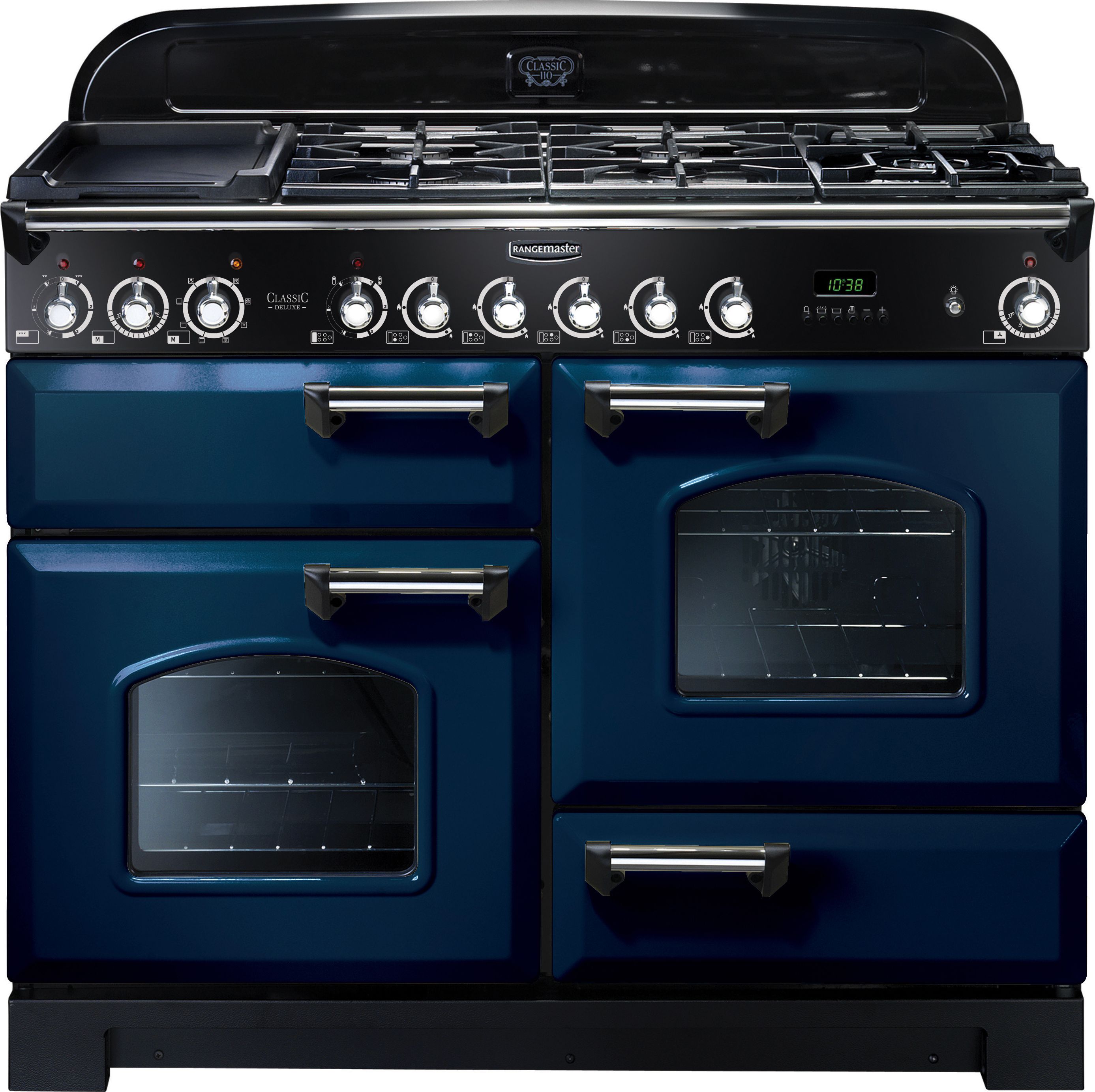 Rangemaster Classic Deluxe CDL110DFFRB/C 110cm Dual Fuel Range Cooker - Regal Blue / Chrome - A/A Rated, Blue