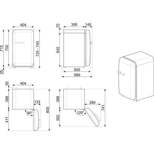Smeg 50s Style Right Hand Hinged Minibar FAB5RPB6 72cm High Fridge - Pastel Blue - Annotation - Dimension shot