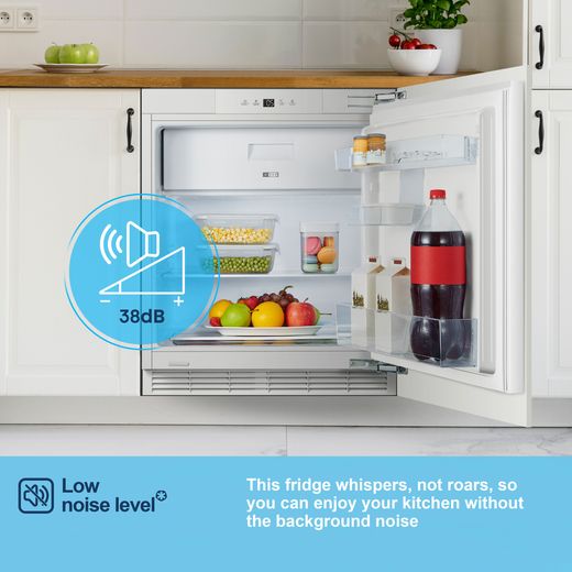 Fridgemaster MBUR60121E Integrated Under Counter 82cm Fridge - Fixed Door Hinge Kit - White - annotation - low noise shot