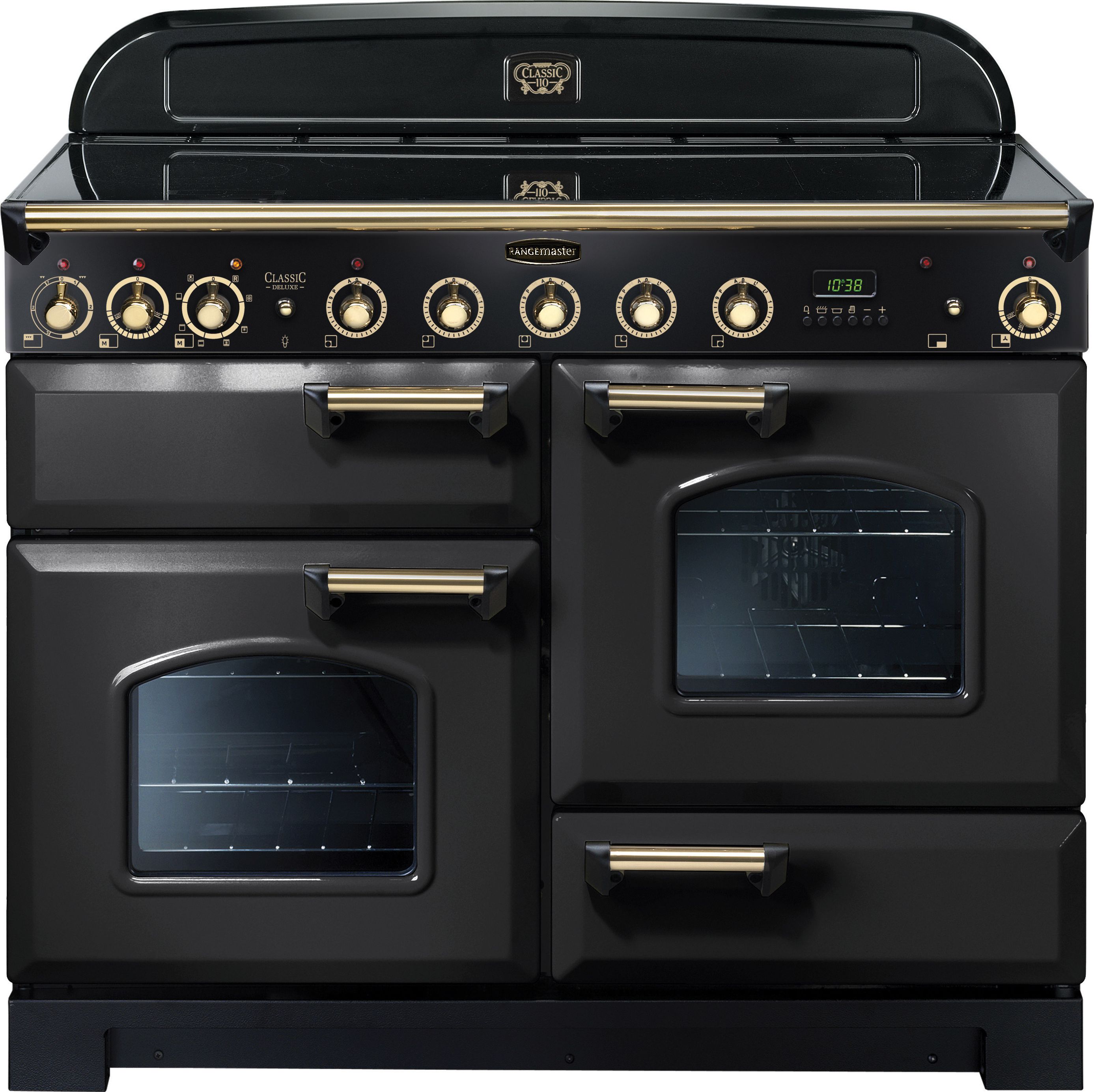 Rangemaster Classic Deluxe CDL110EICB/B 110cm Electric Range Cooker with Induction Hob - Charcoal Black / Brass - A/A Rated, Black