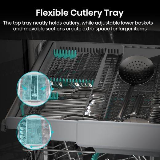 Hisense Fully Integrated Standard Dishwasher - Silver - Annotation - Flexible cutlery tray