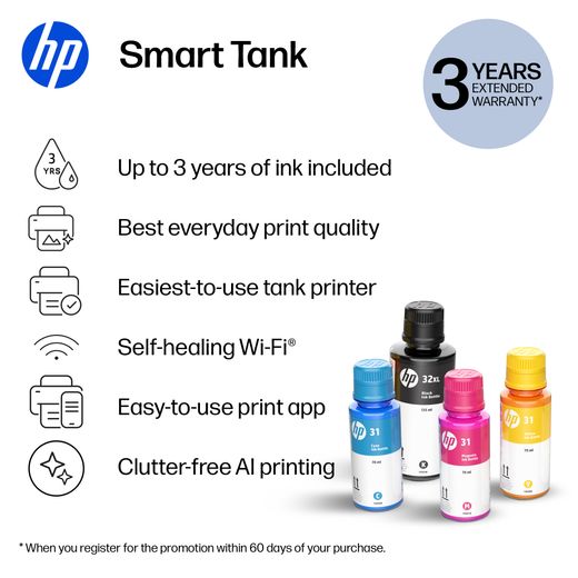 HP Smart Tank Wireless Inkjet Printer Up to 3 years of Ink Included - Grey / White - Annotation - Features