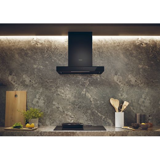 Haier HATS6CBS4B 60cm Chimney Cooker Hood - Black - Cooker hood in kitchen shot