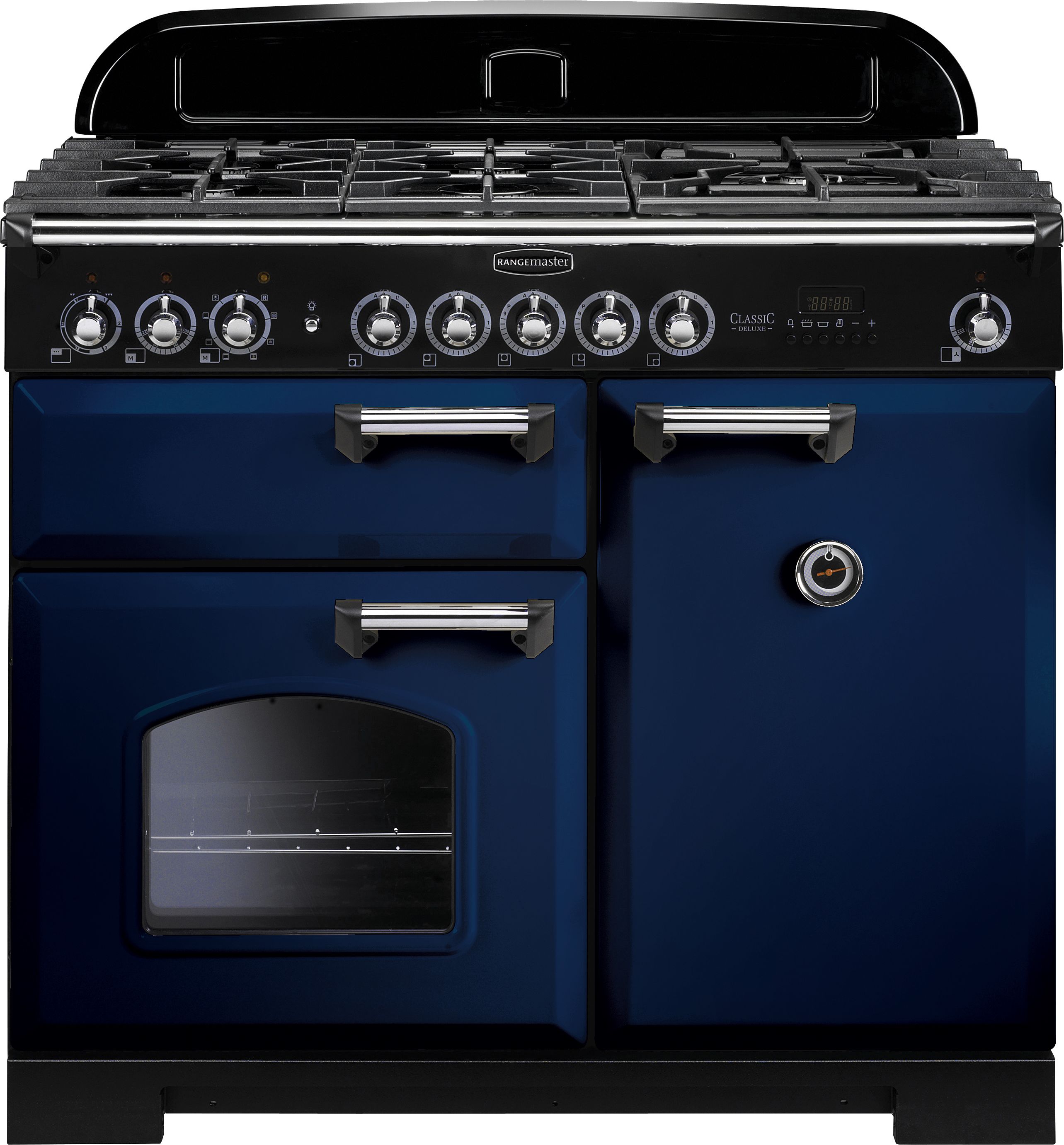 Rangemaster Classic Deluxe CDL100DFFRB/C 100cm Dual Fuel Range Cooker - Regal Blue / Chrome - A/A Rated, Blue