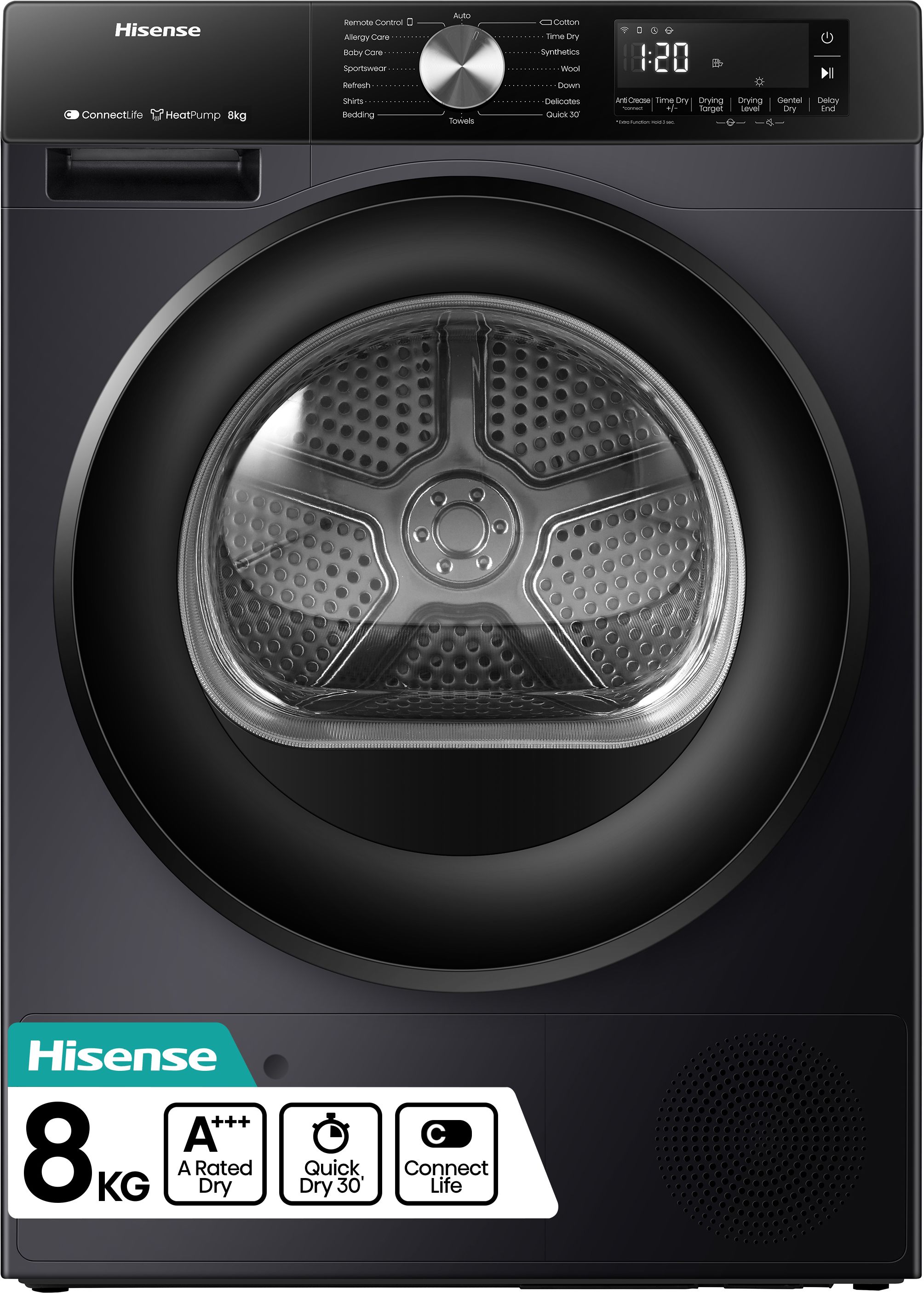 Hisense 3S Series DH3S802BB3 Wifi Connected 8Kg Heat Pump Tumble Dryer - Black - A+++ Rated, Black