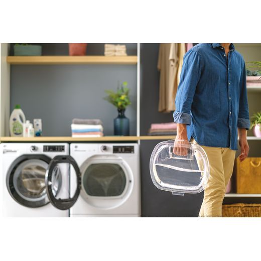 Hoover H-DRY 350 HRE H10N2TBE-80 Wifi Connected 10Kg Heat Pump Tumble Dryer - White - Person removing water tanks shot