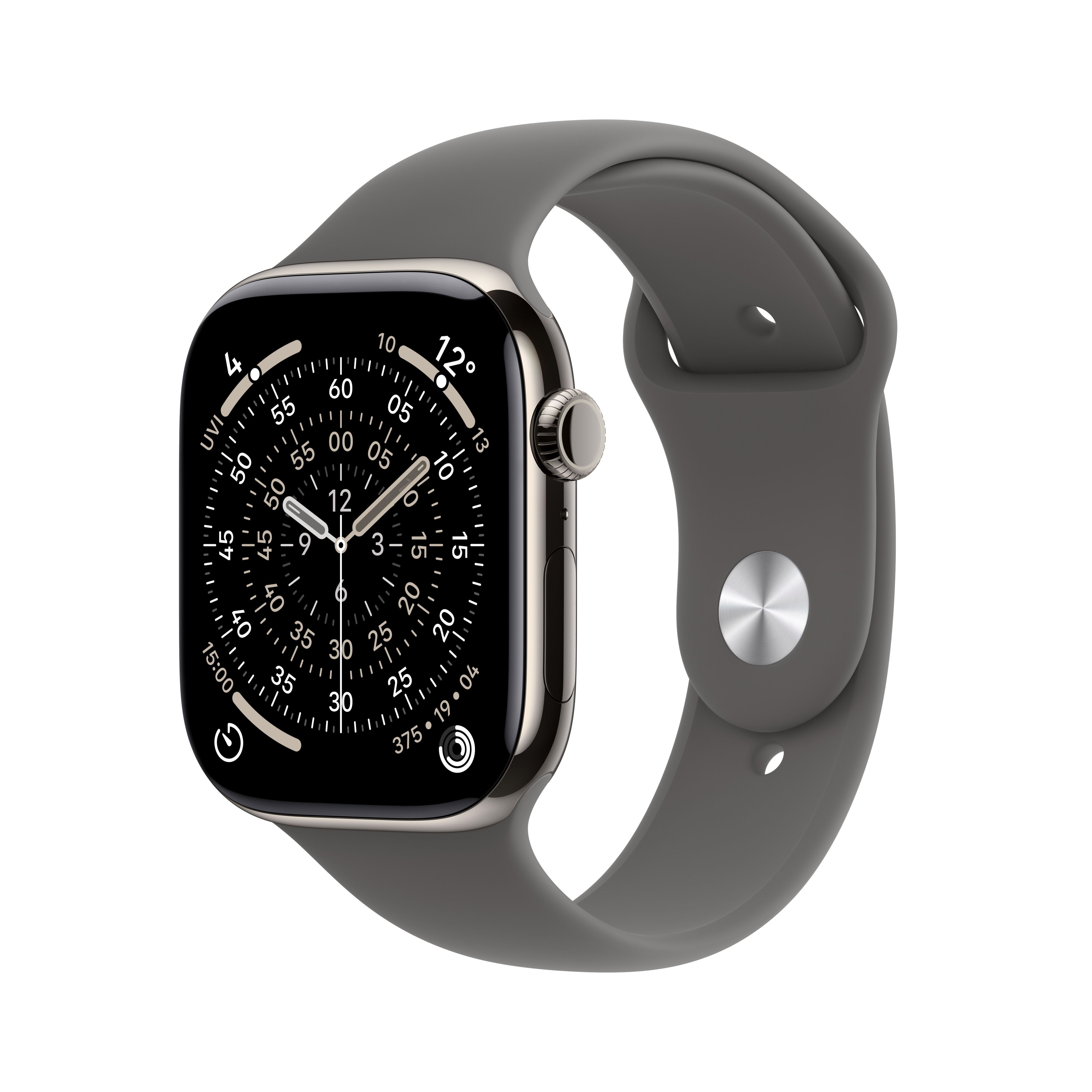 Apple Watch Series 11, 46mm, Natural Titanium Case, GPS + Cellular [2025] - Stone Grey Sport Band - M/L, Grey