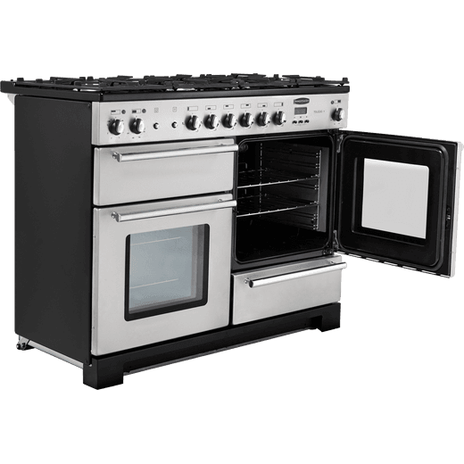 Rangemaster Toledo + 110cm Dual Fuel Range Cooker - Stainless Steel / Chrome - Top right door open