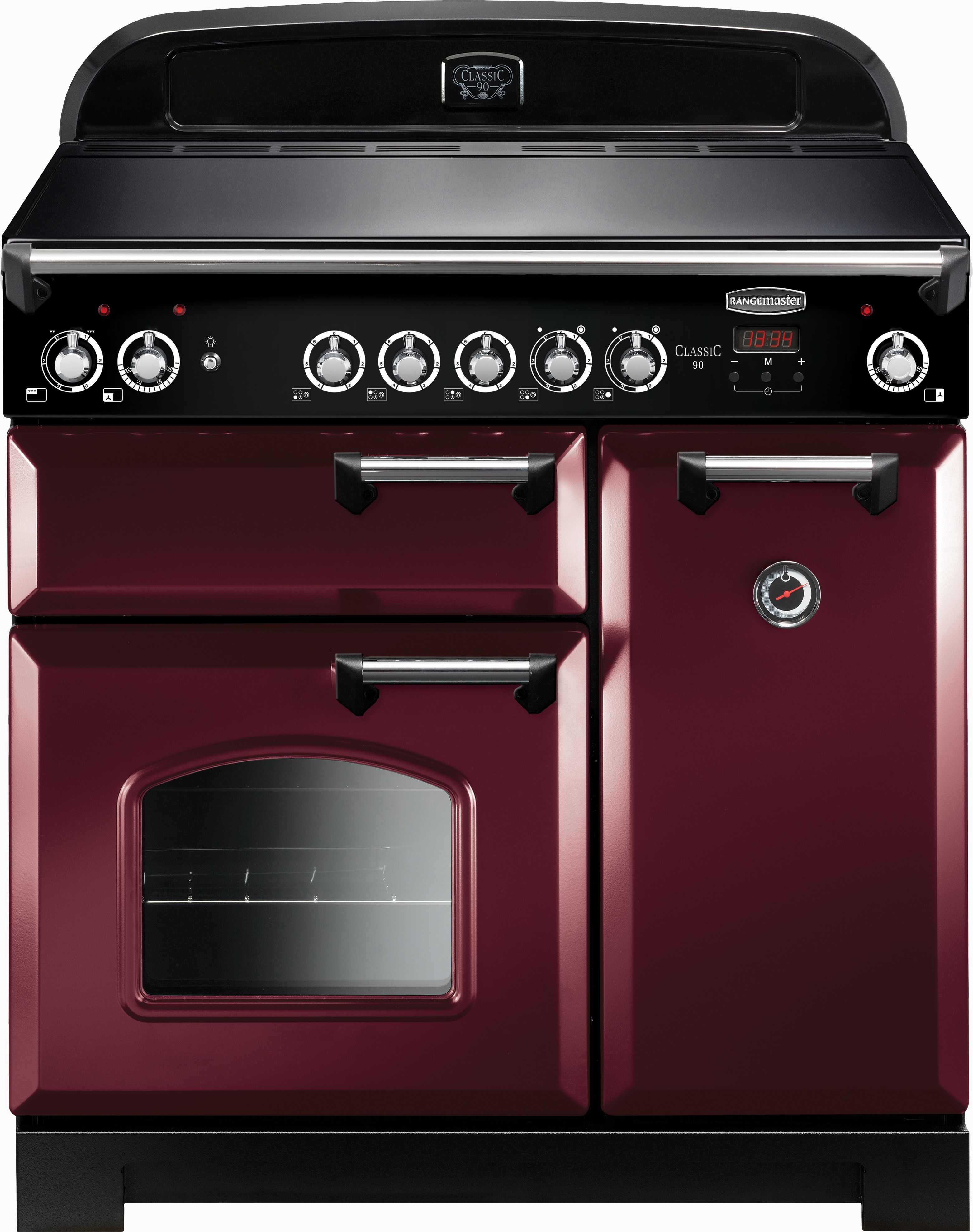 Rangemaster Classic CLA90ECCY/C 90cm Electric Range Cooker with Ceramic Hob - Cranberry / Chrome - A/A Rated, Red