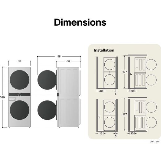 LG WashTower™ AI Direct Drive™ WT1210BBTN1 Wifi Connected 12Kg / 10Kg Heat Pump Washer Dryer with 1400 rpm - Platinum Black - annotation - dimension shot